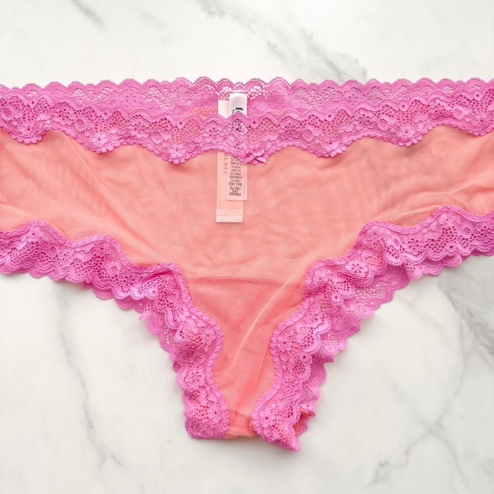 NWT VICTORIA’S SECRET TEASE MESH LACE-TRIM CHEEKY PANTY IN CORAL & NEW PEONY XL